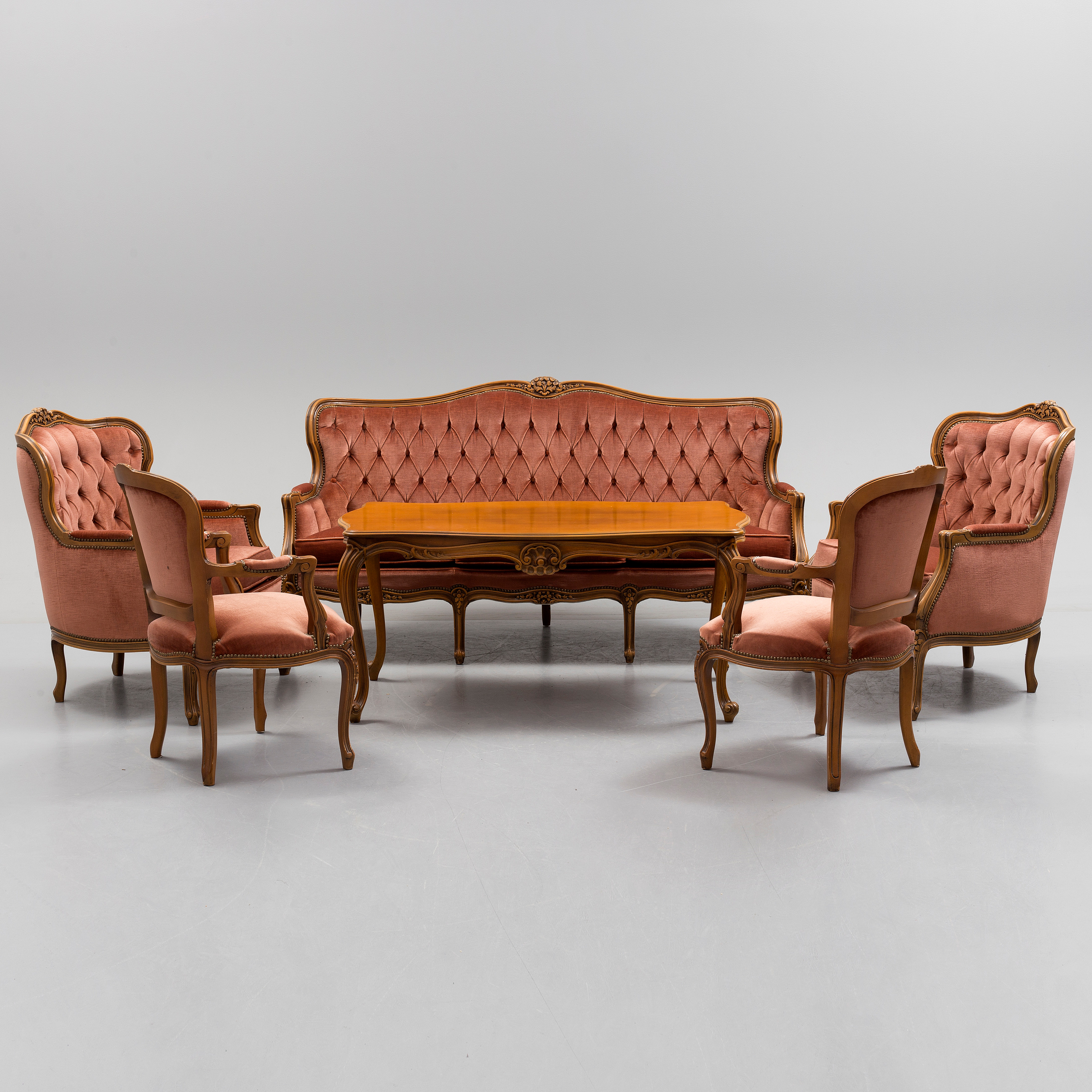 Rococ Simple A sofa, two easy chairs, two armchairs and a table, rococo style ...