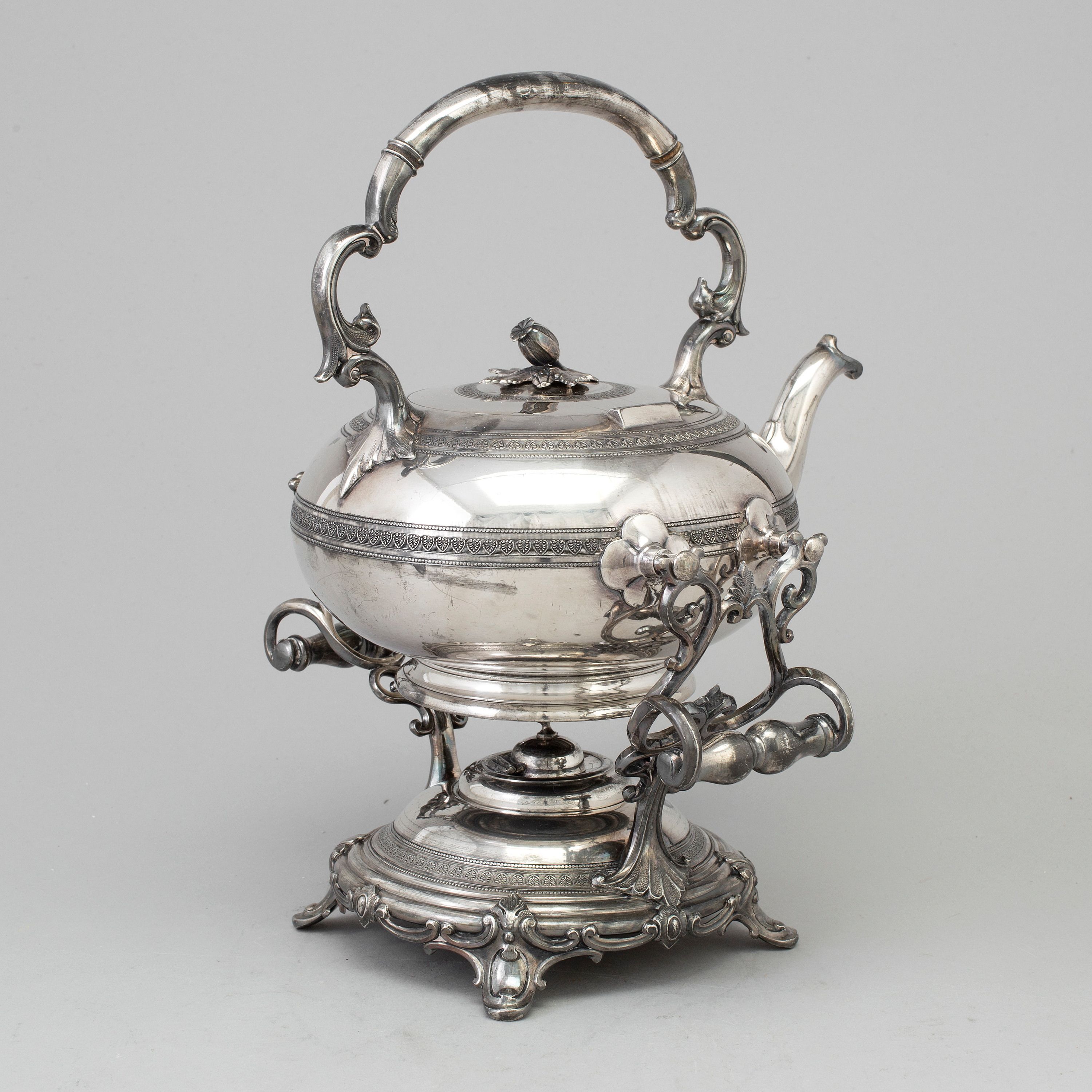 TEKANNA PÅ RECHAUD, nysilver/pläter, Roger Broadhead & Co, Sheffield