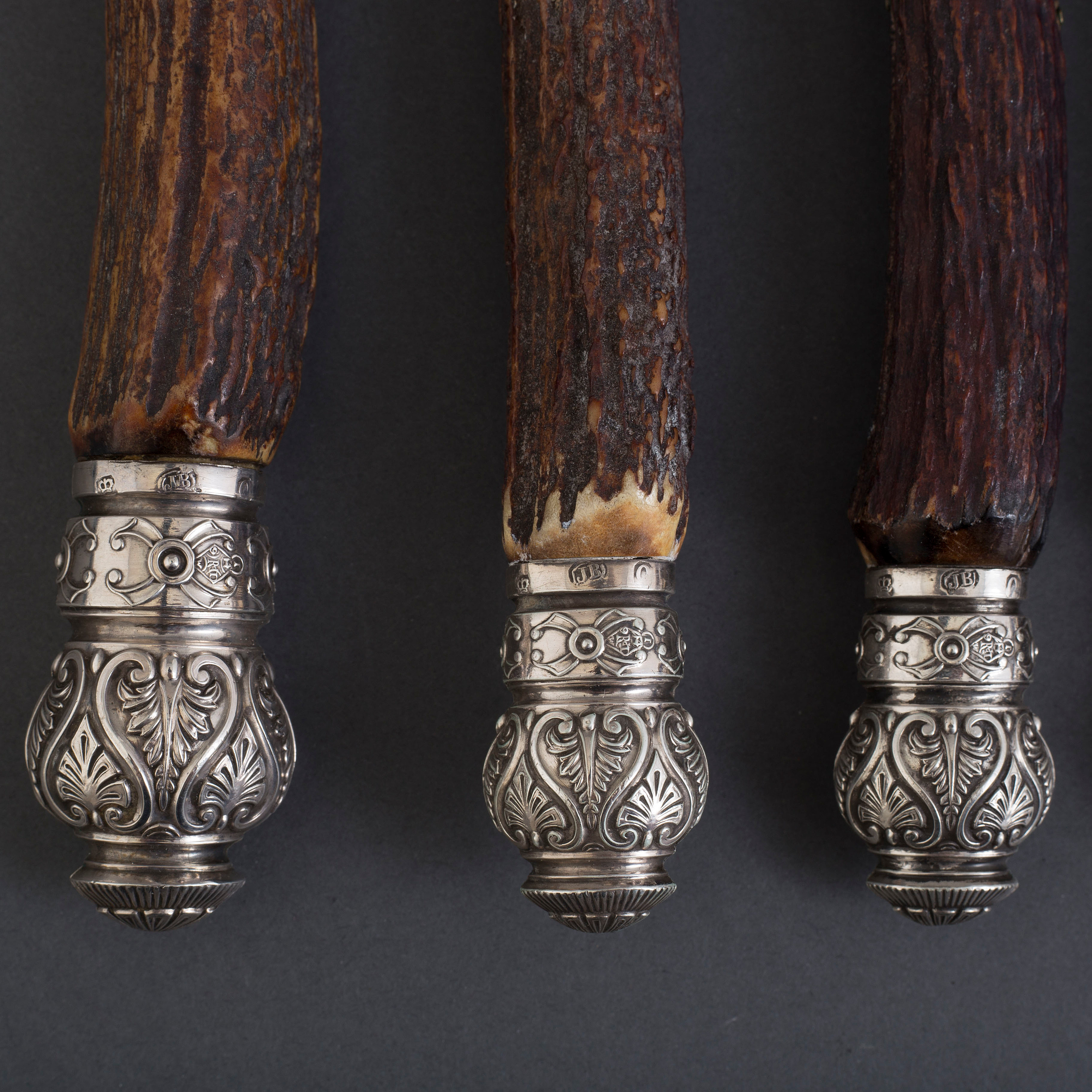 A five piece silver and bone carving set, Mappin & b, Sheffield 1881