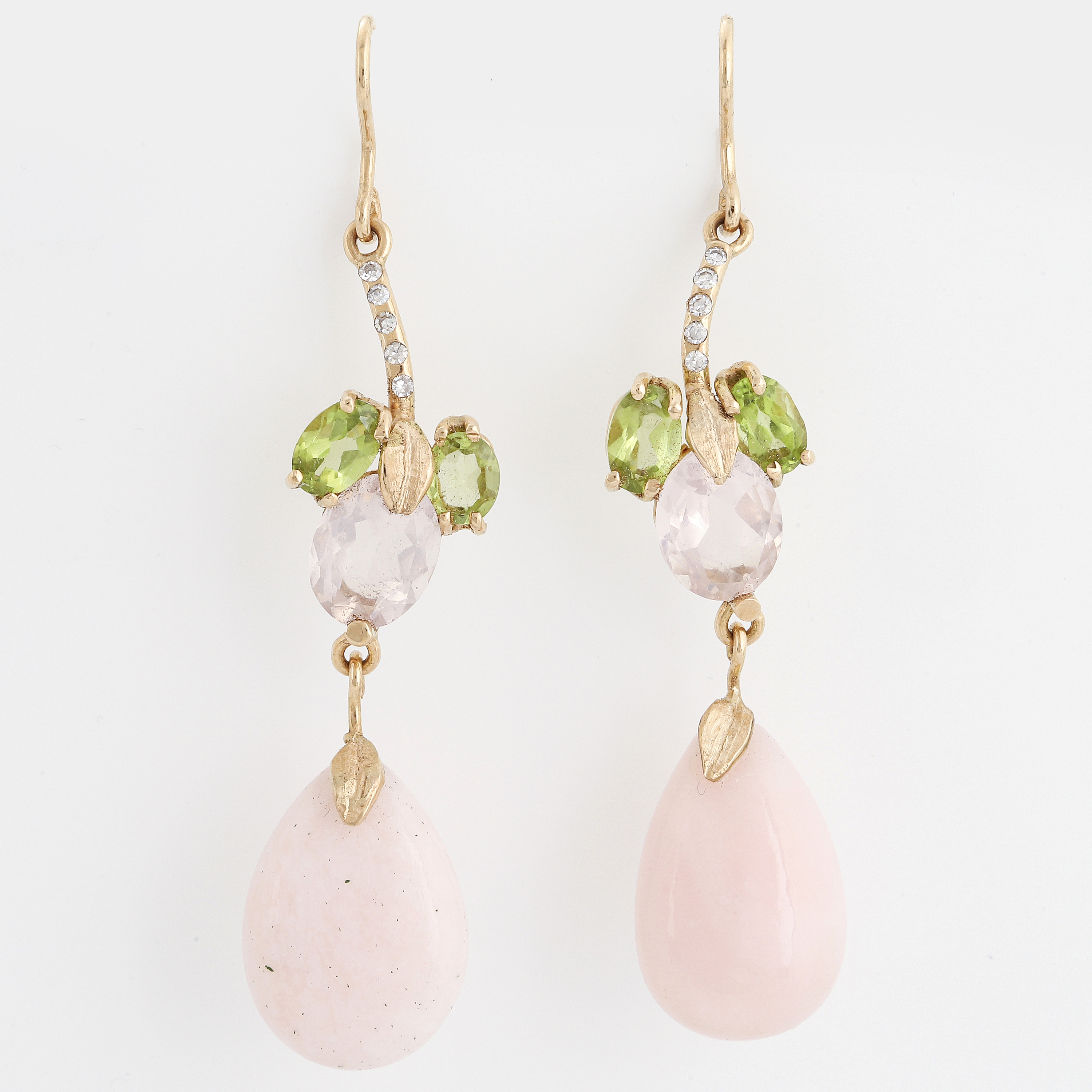 Pink opal, rose quartz, peridot and brilliantcut diamond earrings