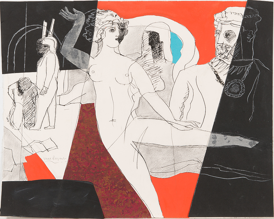 Max Papart, drawing and collage, 1985, signed.