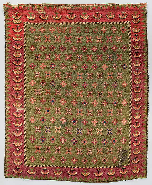 A Finnish folkart long pile ryijy.rug dated 1836. Circa 180 x 140 cm.