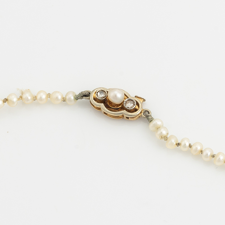Calibrated pearl necklace, clasp 18K gold with pearl and rose cut