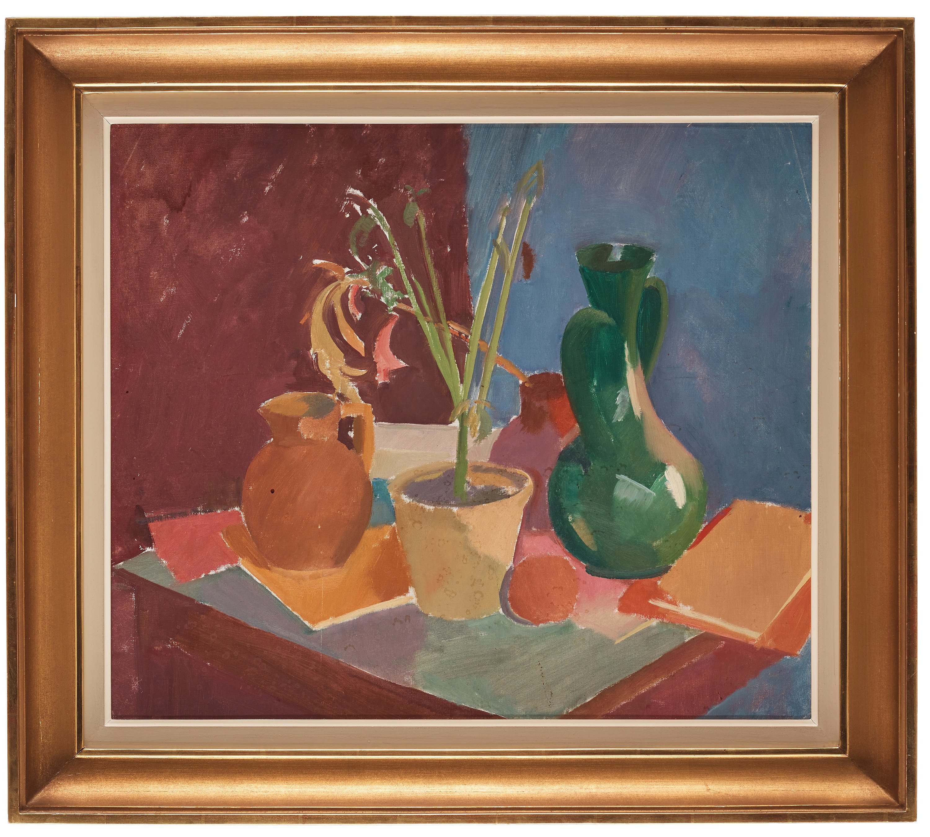 Karl Isakson, "Nature morte med blommor i grå kruka, grön vas, frukter