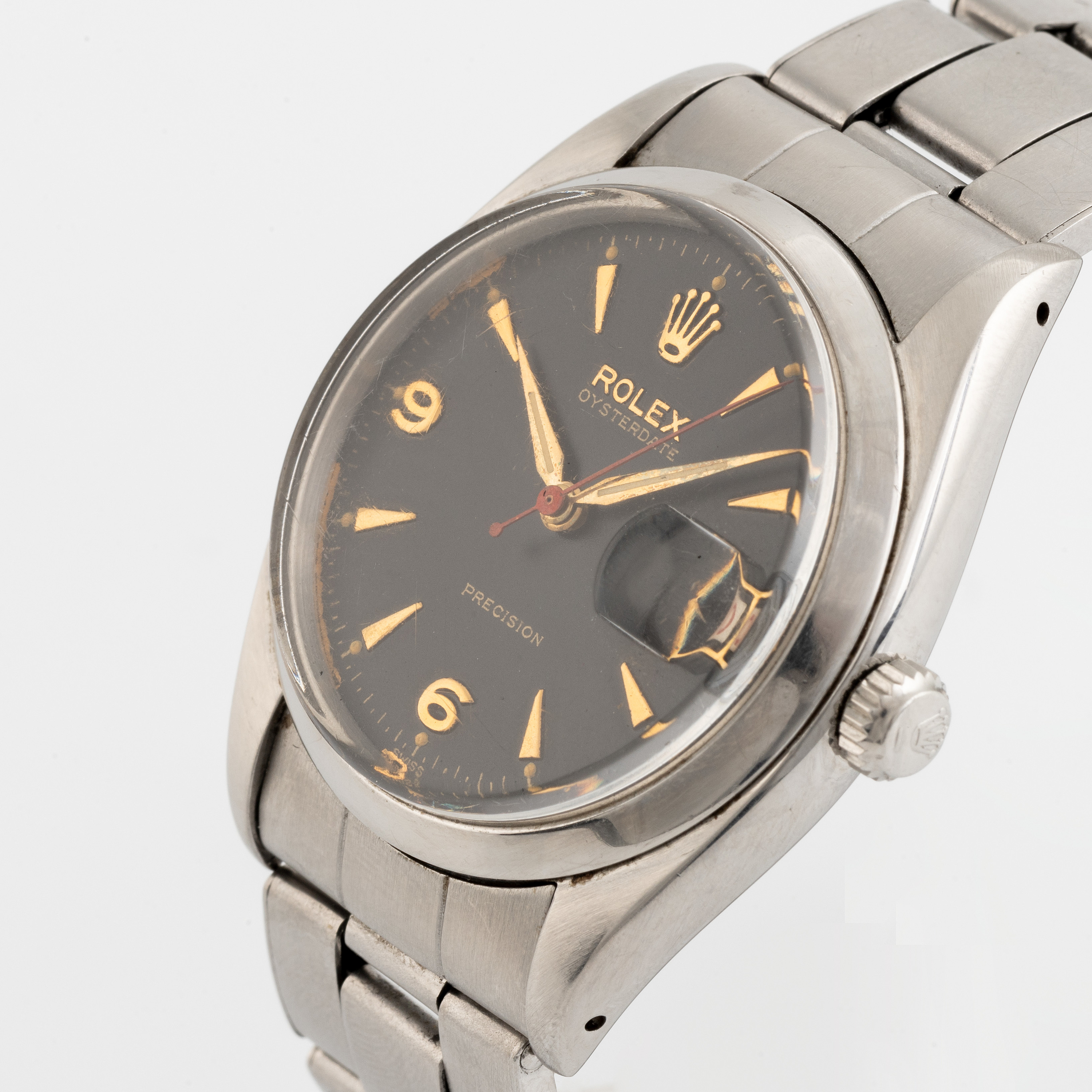 1973 Rolex Oysterdate Precision Wristwatch Model 6694 with Original Silvered Dial in Stainless Steel Oyster Case on Leather + buckle