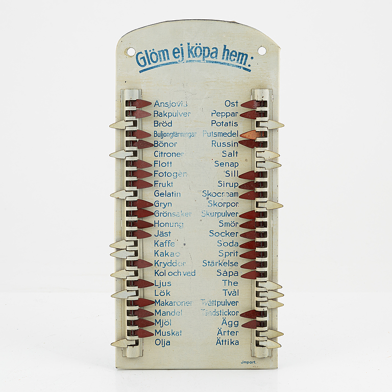 A metal shopping list, 1930's/40's.