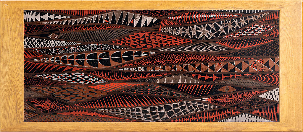 Stig Lindberg & David Rosén, an oak and enamel coffee table from Nordiska Kompaniet and Gustavsberg, 1950's.