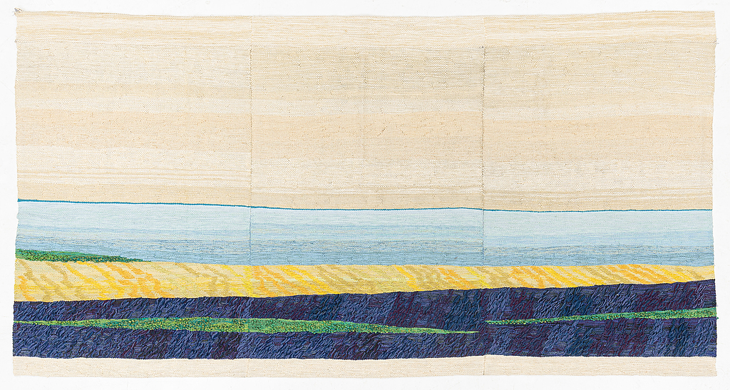 A three-piece woven wall hanging, signed  R. Murikoff and dated -77, c. 150 x 290 cm each.