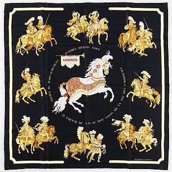 Foulard HERMÈS CARROUSEL En Soie Vintage - Fond Noir, Occasion, 100% Soie