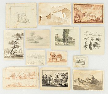 Landscape studies, 13 pieces, 17th/18th century, Including a study of a log cabin.