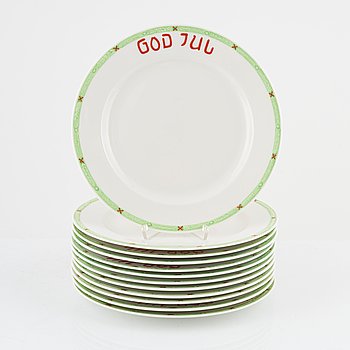 Twelve Christmas porcelain dinner plates, 'God Jul', Rörstrand.