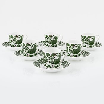 Stig Lindberg, coffee cups with saucers, bone china, 6 pcs "Turtur ...