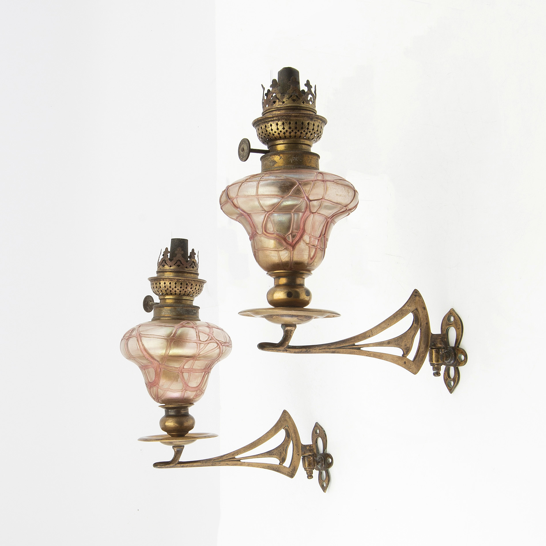 Wallmounted kerosene lamps, a pair, Art Nouveau, early 20th century