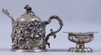163503. SENAPSKANNA samt SALTKAR, silver, England samt Sverige, 1800-tal. Otydliga stämplar.