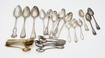 187733. PARTI SKEDAR, 35 st, silver. Olika mästare och årtal bl a 1800-tal.