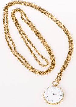 193313. FICKUR SAMT KEDJA, guld 18k. total vikt 83 gram. 18001900-tal.