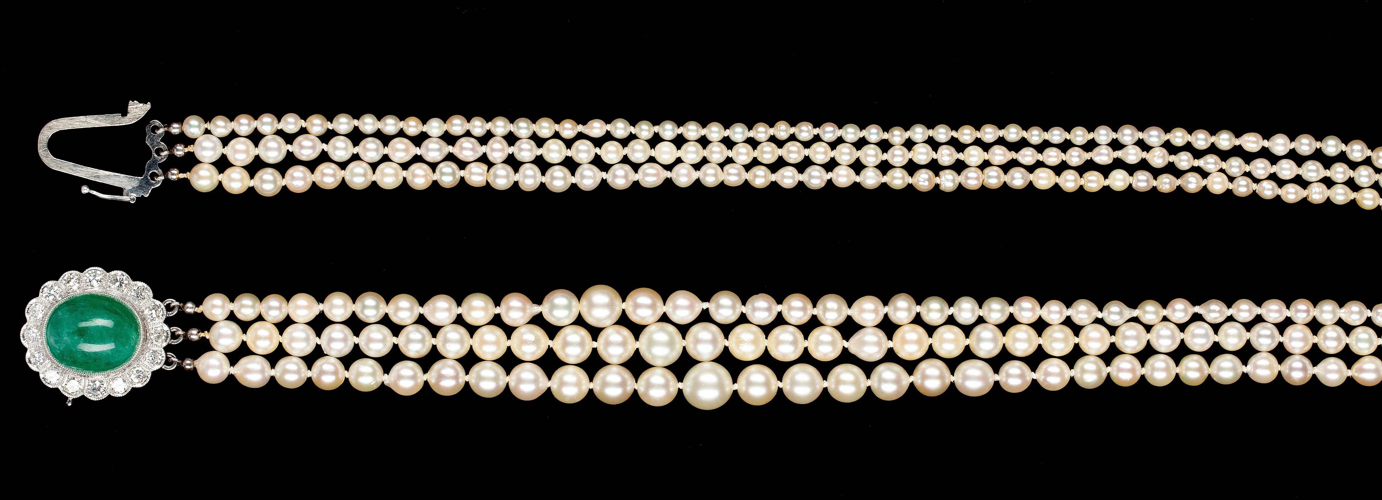 A cultured pearl, emerald and diamond necklace, 1950's. Bukowskis