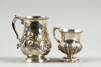 200614. STOP, 2 st, silver, London 1860-61 resp 1828-29. Vikt ca 450 g.