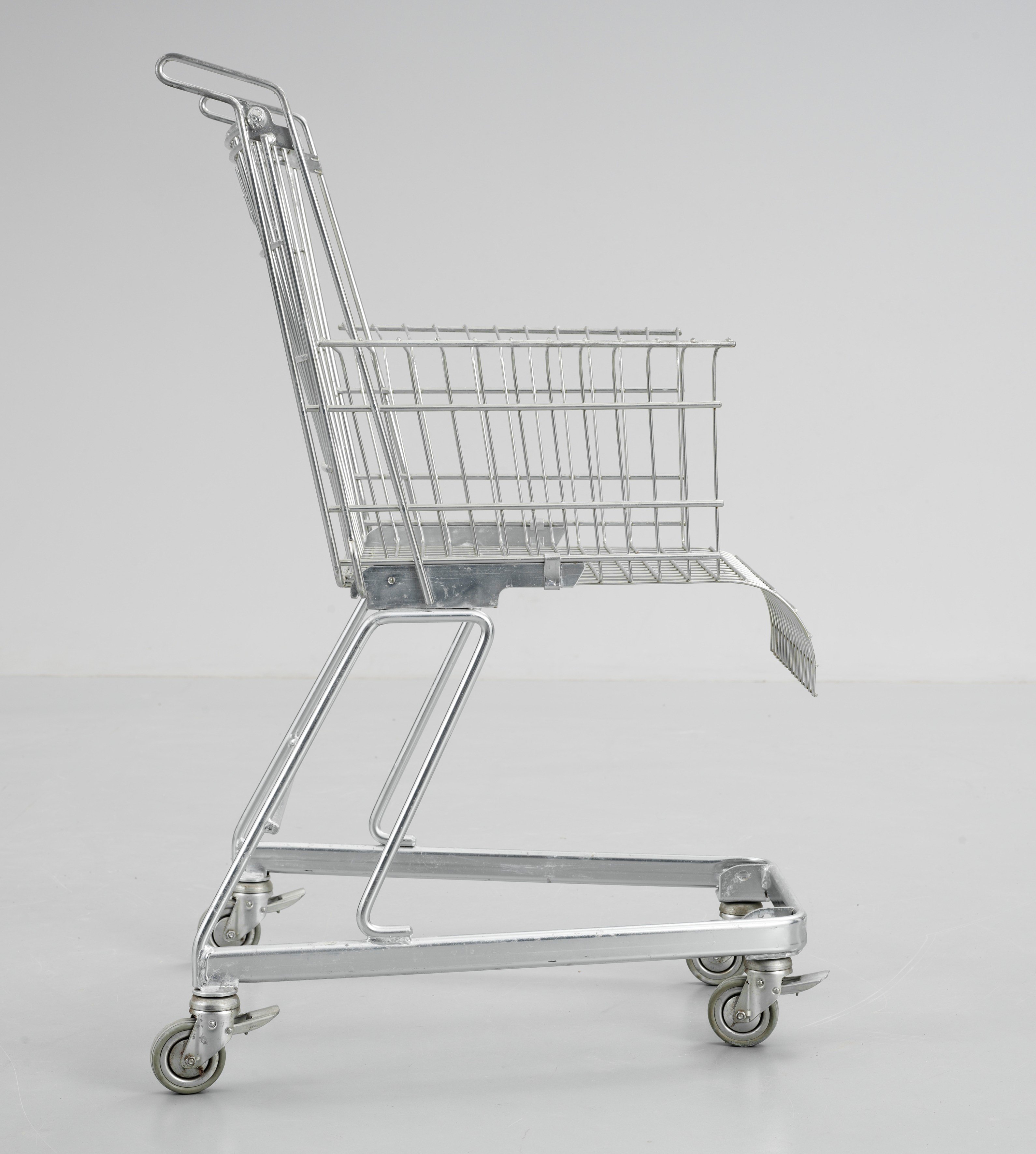 A Frank Schriener 'Consumer's Rest' galvanized steel wire shopping cart