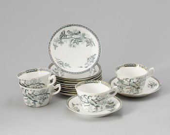 218984. KAFFEKOPPAR MED FAT, 12 st, flintgods, Wexiö, Gustafsberg omkring 1900.