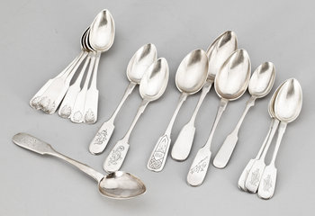 221211. PARTI SKEDAR, 16 st, silver, mest Ryssland, bla St Petersburg, 1800-talets mitt till tidigt 1900-tal. Totalvikt ca 400 gram.