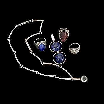 231053. SMYCKEN, 5 st, silver med bl a lapis lazuli och markasiter, 1900-talets mitt.
