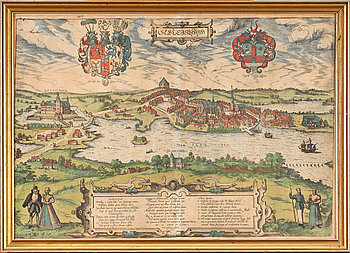 253603. KARTA, Gottorp slott och staden Slesvig, efter Braun  Hogenberg 1590.
