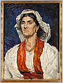 Woman with red scarf and white headdress.