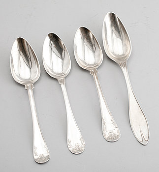 293556. MATSKEDAR, 4 st, silver, 1800-tal, olika modeller. Total vikt ca 186 g.