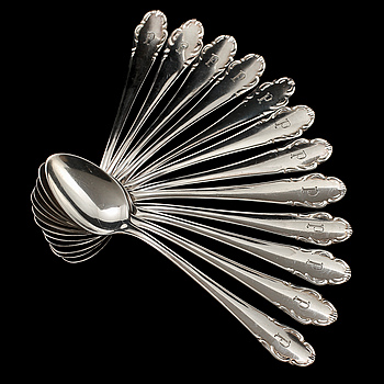 339533. KAFFESKEDAR, 12 st, silver, Haga, Skandia, 1900-talets tredje kvartal. Vikt 135 g.