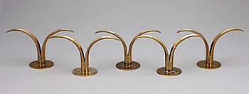 340470. LJUSSTAKAR, 5 st, mässing, Liljan, Ivar Ålenius Björk för Ystad-Metall, 1900-tal.