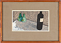 Still life with bottle and green pears.