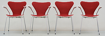 341421. KARMSTOLAR, 4 st, Sjuan, Arne Jacobsen, Fritz Hansen, formgiven 1955.