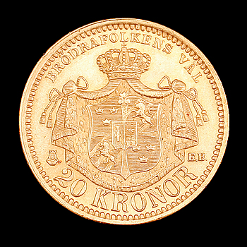 350656. GULDMYNT, 20 kr, Oscar II, 1886. Vikt ca 9 g.