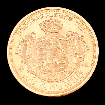 350702. GULDMYNT, 20 kr, Oscar II, 1901. Vikt ca 9 g.