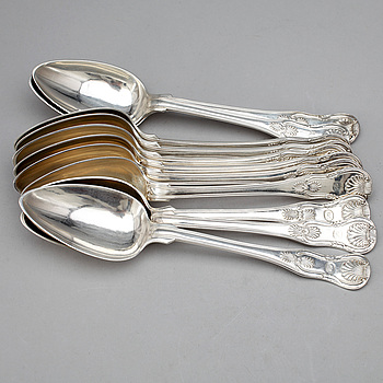 371256. MATSKEDAR, 11 st, silver, bla Möllenborg, Engelsk snäck, 1800-tal. Tot ca 800 gram.