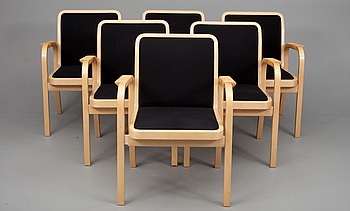 373760. KARMSTOLAR, 6 st, modell E45, Alvar Aalto, Artek. Modellen formgiven 1947.