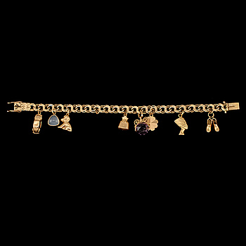376198. BERLOCKARMBAND, 18k guld med månsten och ametist, Gustav Dahlgren  Co, Malmö, 1963. Vikt 22 g.