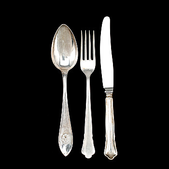 389969. PARTI BESTICK, silver, 21 11 GAB vikt exklusive knivar ca 862 graminklusive knivar ca 1540 gram. 1990-tal.