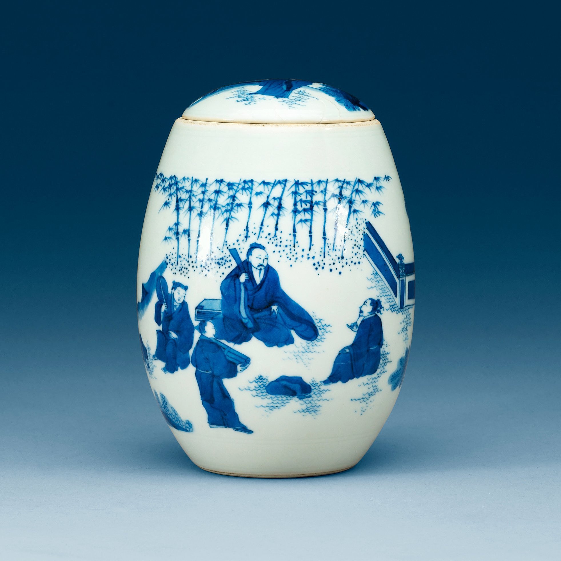 A blue and white jar with cover, Transition style, 20th Century
