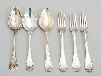 407065. BESTICK, 6 delar, silver, olika modeller, 1800-tal. Vikt ca 363 gram.