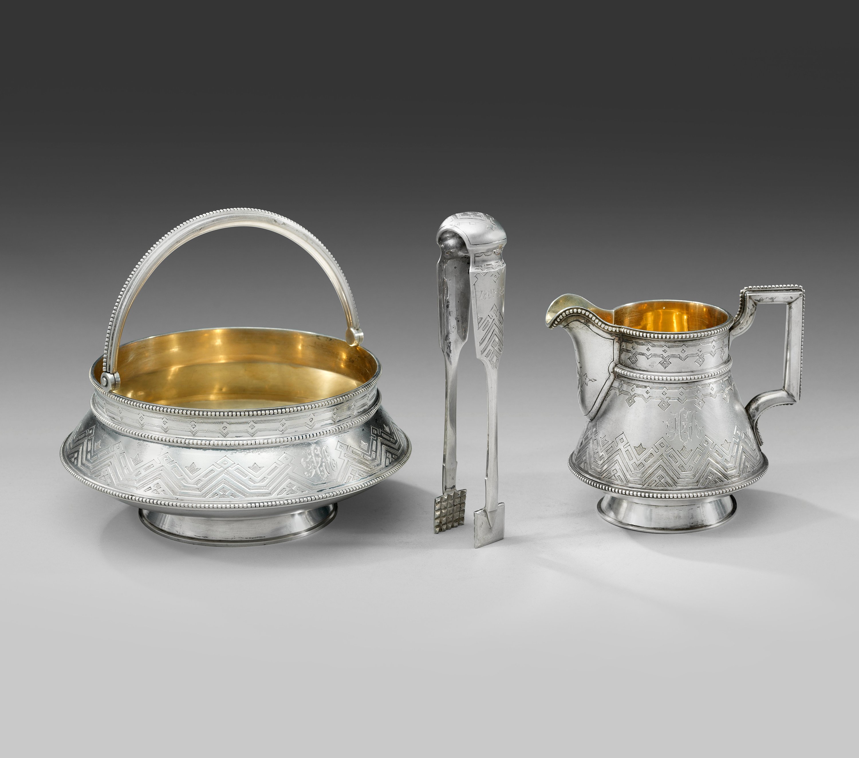 RUSSIAN SUGAR BOWL, SUGAR TONG AND MILK JUG. РУССКИЙ НАБОР: САХАРНИЦА ...
