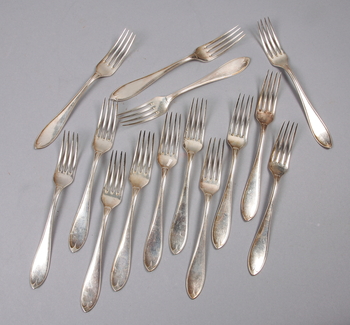 76837. MATGAFFLAR, 14 st, silver, Linköping, 1925.