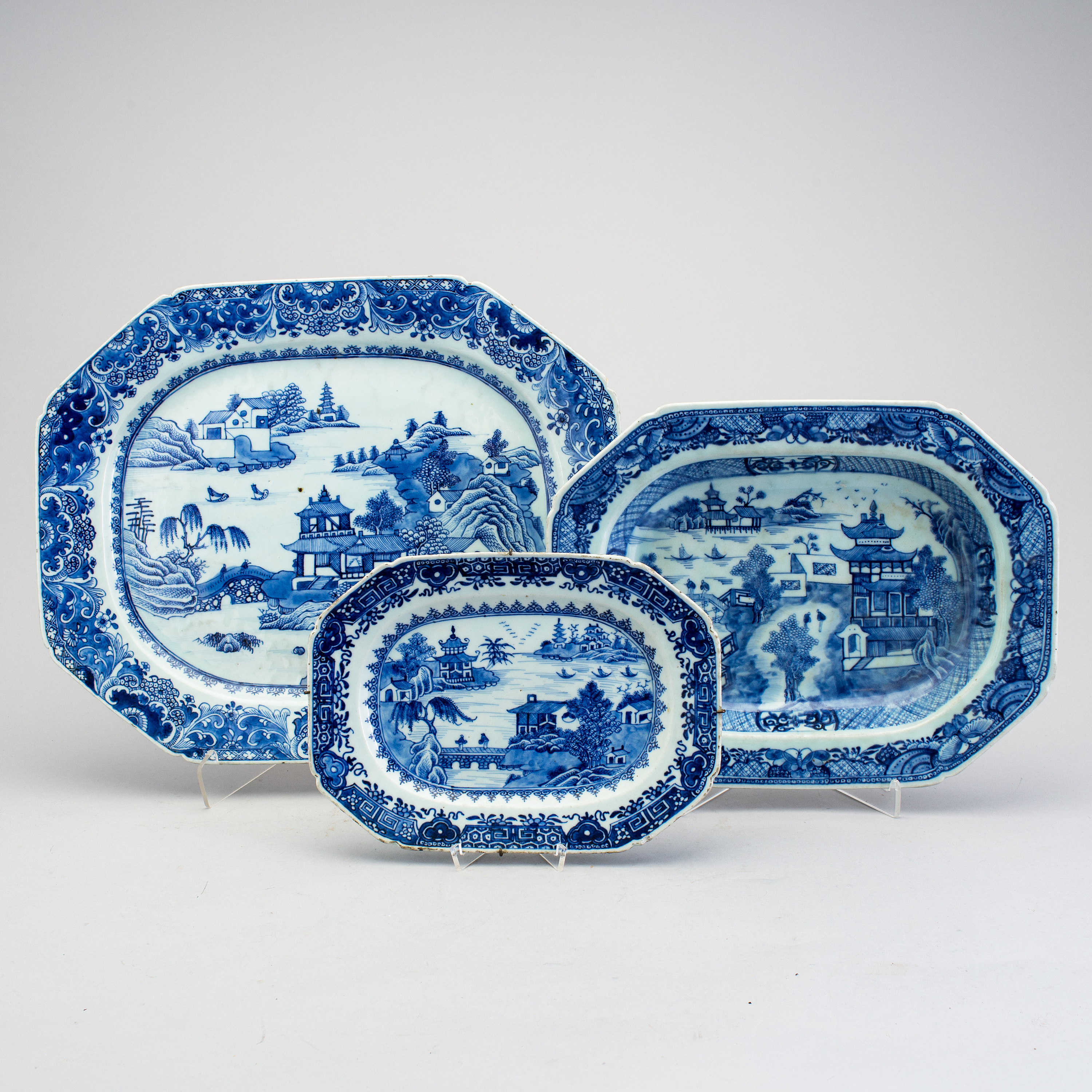 Three blue and white serving dishes, Qing dynasty, Qianlong (173695