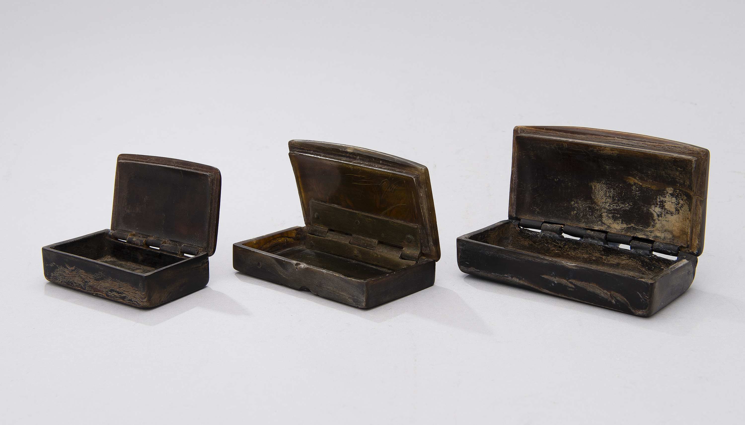 THREE FRENCH SNUFF BOXES, horn, middle of the 19th century, one dated