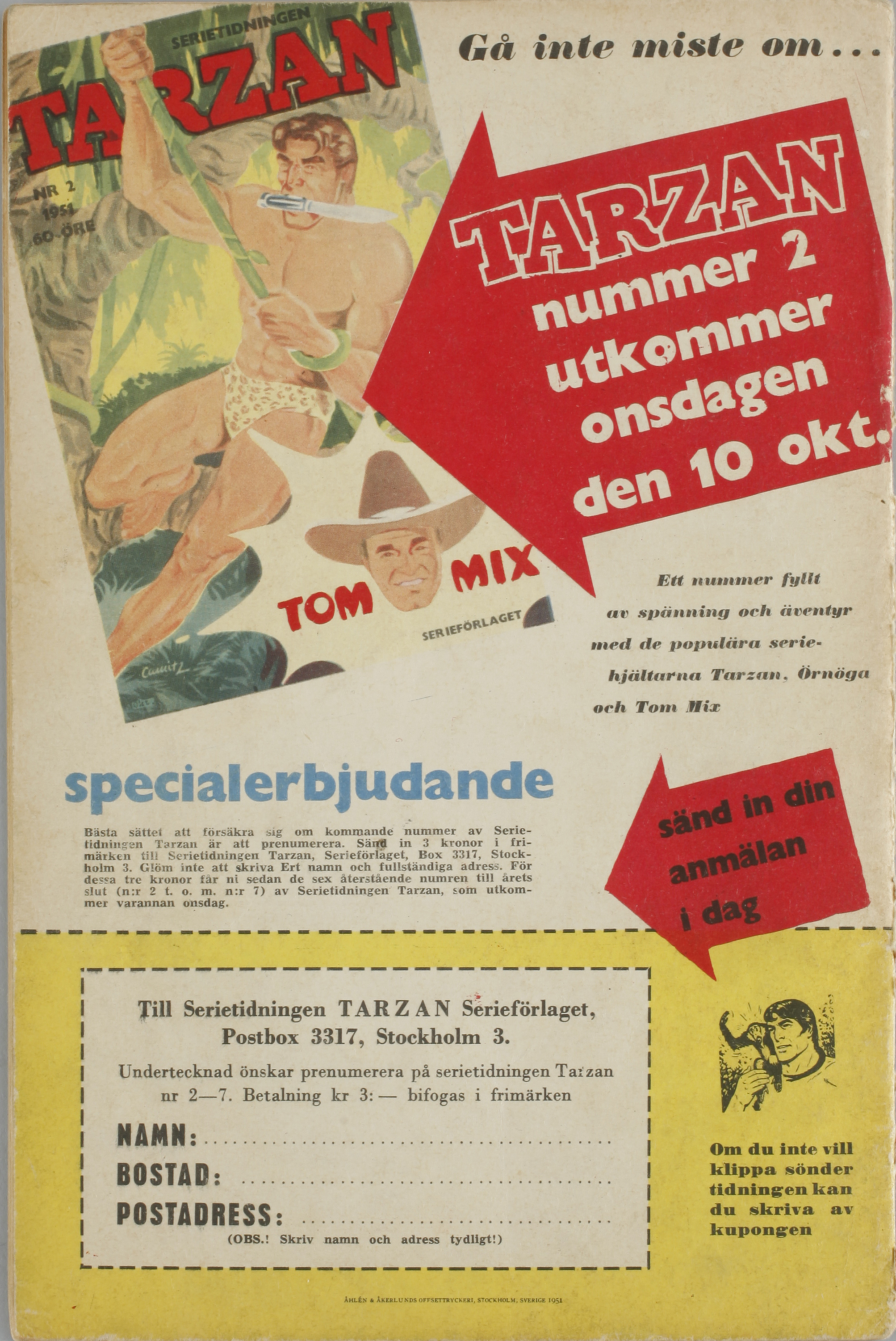 SERIETIDNING, Tarzan, nr 1 1951. Bukowskis
