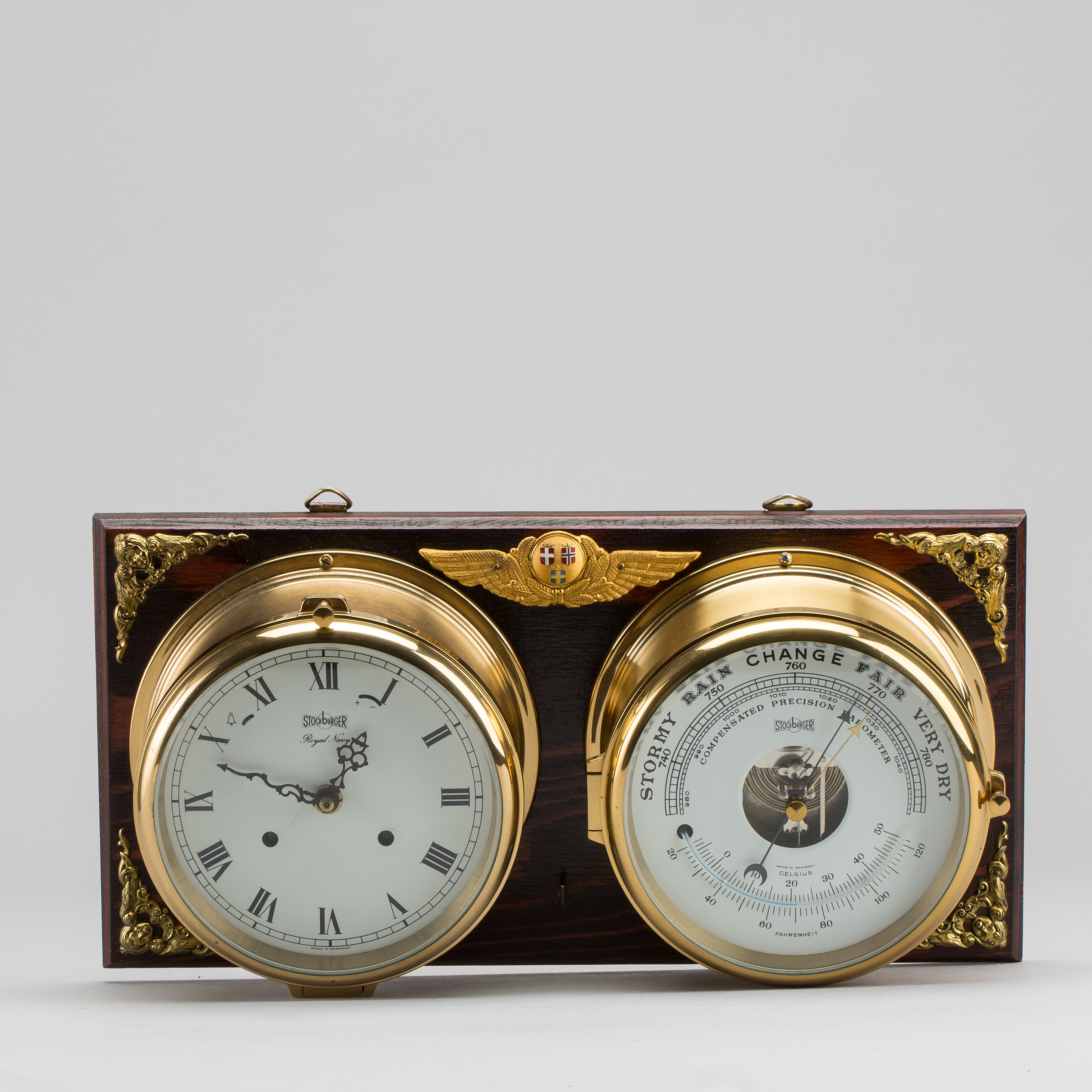A BRASS MARINE CLOCK AND BAROMETER BY STOCKBURGER. Bukowskis