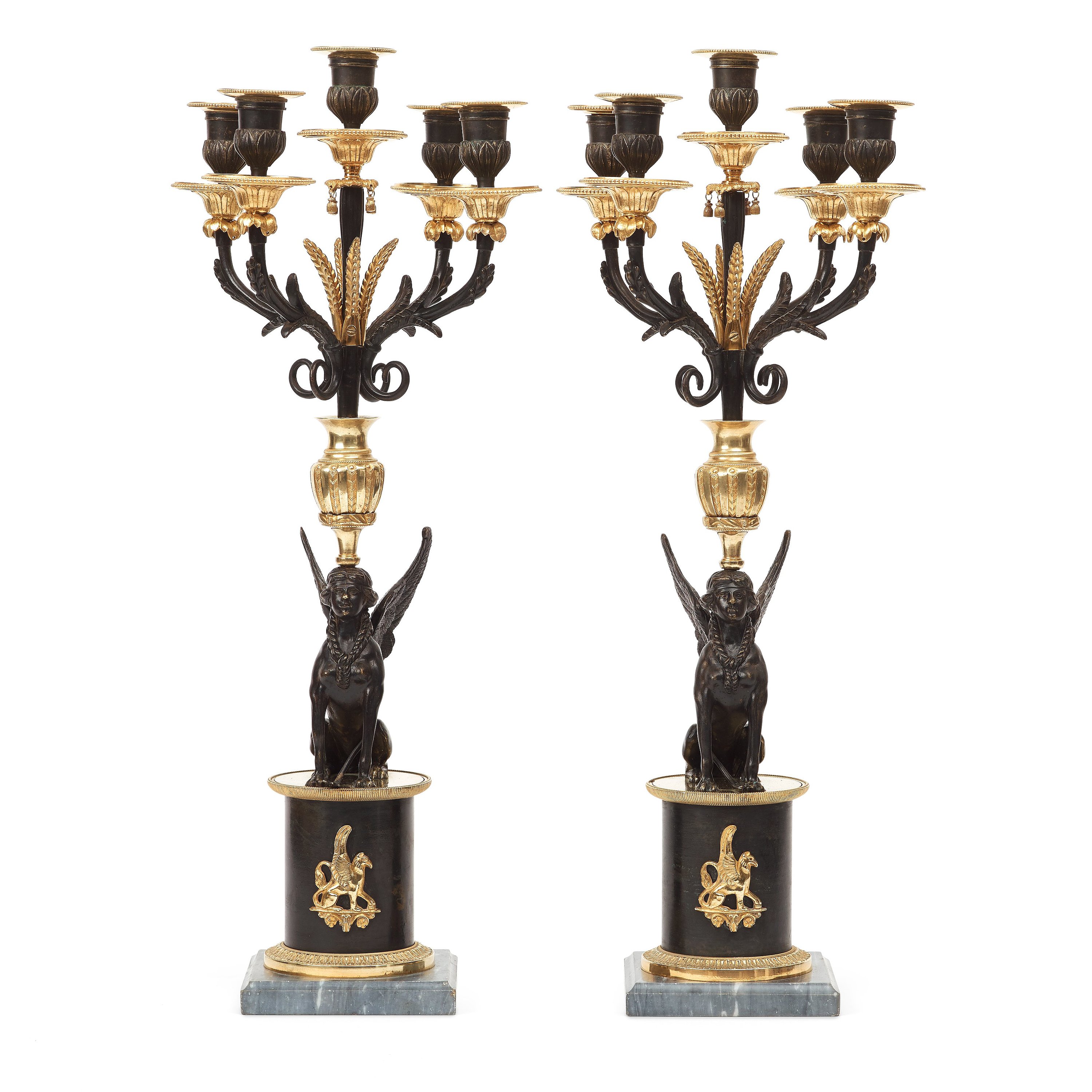 A PAIR OF RUSSIAN LOUIS XVI STYLE 19TH CENTURY FIVE LIGHT CANDELABRA 