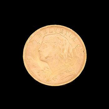 GOLD COIN, 20 fr, Switzerland 1935. Weight ca 6,5 g.