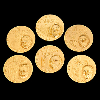 A set of six gold medals from the series "1971 års nobelpristagare", Sporrong, 1972. Weigth ca 366 grams.